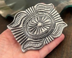 Western Silver Belt Buckle Concho Style Engraved Cowboy Rodeo Design