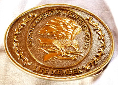 VTG North American Hunting Club Life Member Belt Buckle Gilt Ornate Eagle Oval