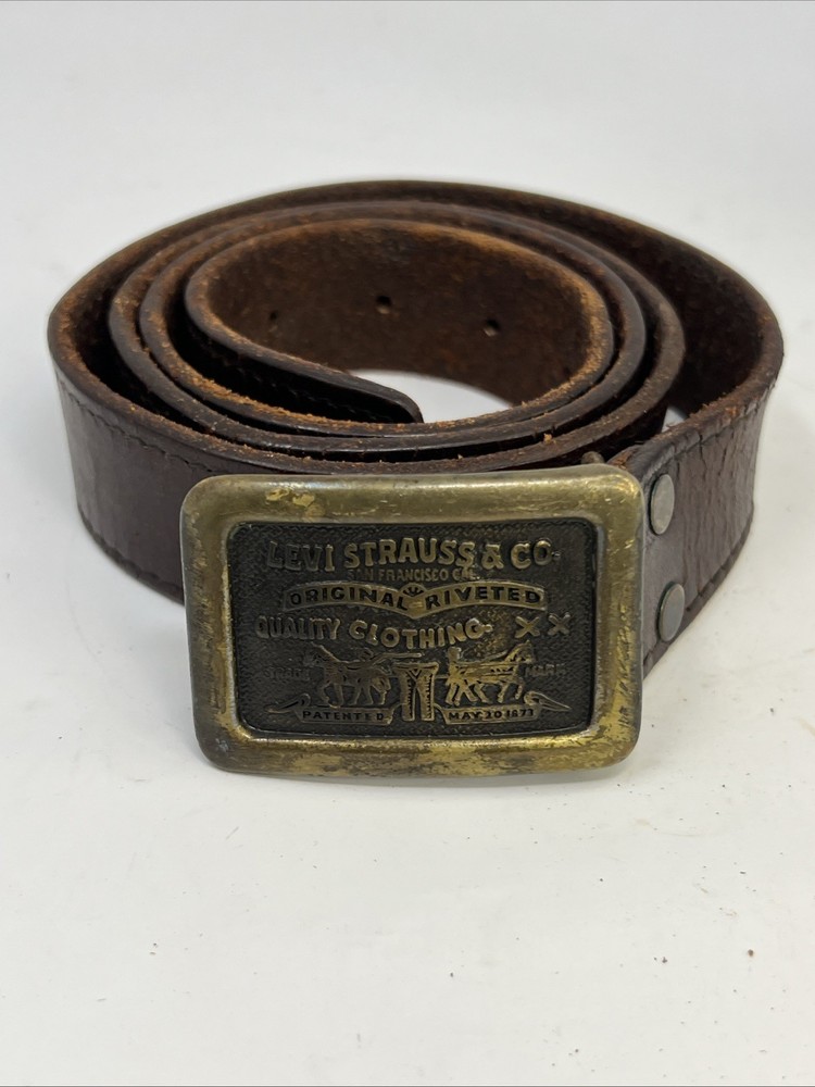 vintage 1970s belt buckle LEVIS WESTERN cowboy denim BRASS With Leather Belt