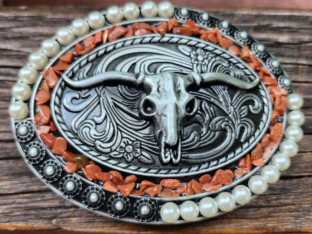 BULL HEAD SKULL INDIAN SW COWBOY RODEO MULTICOLOR SILVER BELT BUCKLE