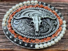 BULL HEAD SKULL INDIAN SW COWBOY RODEO MULTICOLOR SILVER BELT BUCKLE