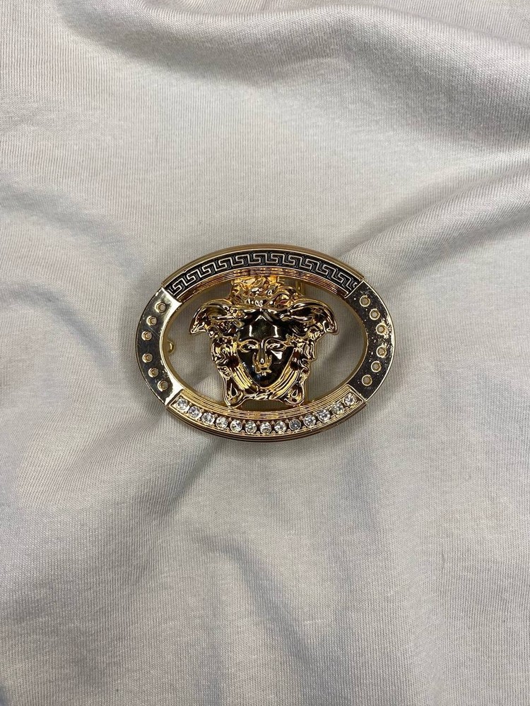 Gold Medusa Head Belt Buckle Black Greek Key Crystal Oval