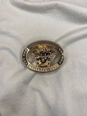 Gold Medusa Head Belt Buckle Black Greek Key Crystal Oval