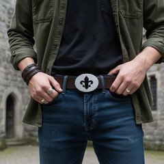 Women Men Belt Buckle Silver Metal Bling Black Fleur De Lis Iris France Flower
