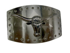 Texas Longhorn Cow Bull Head Steer Hole Border Silver Color Western Belt Buckle