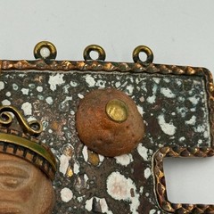 Vintage Maya Mexico Brutalist Mixed Metal Belt Buckle Clay Mask Enamel Folk Art