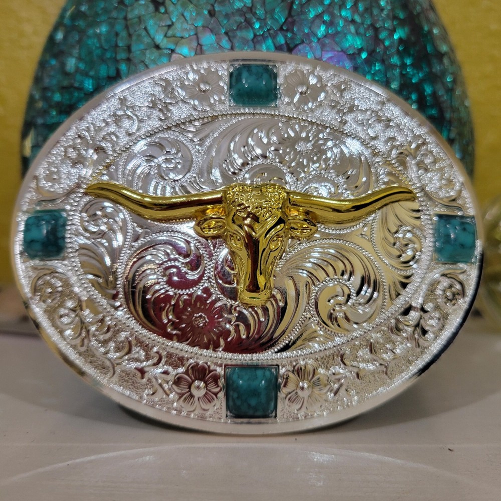 Longhorn Western belt Buckle oval Gold Silver Heavy blue stone accents
