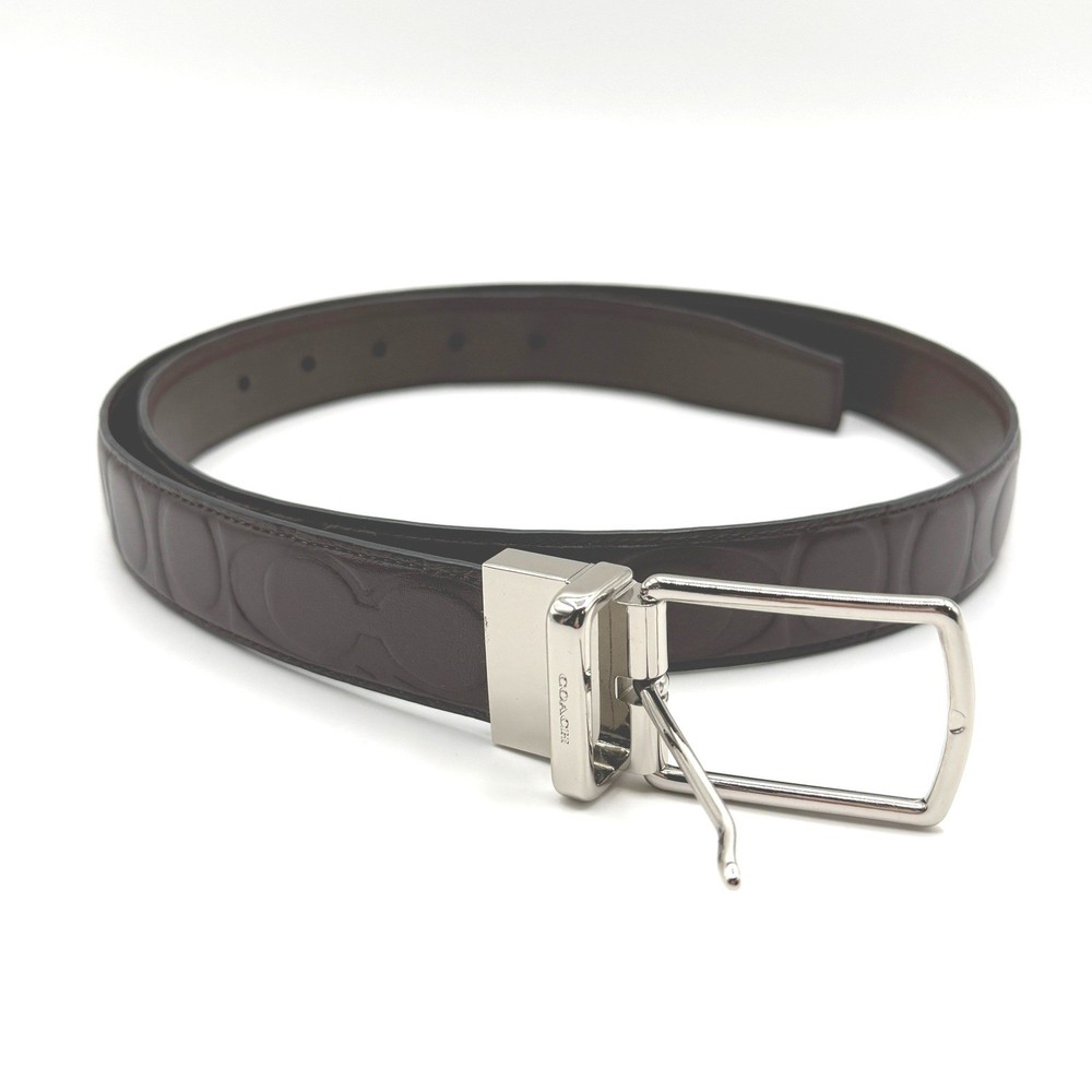 Coach Belt Mens Medium Brown Signature Debossed Reversible Leather Silver Buckle
