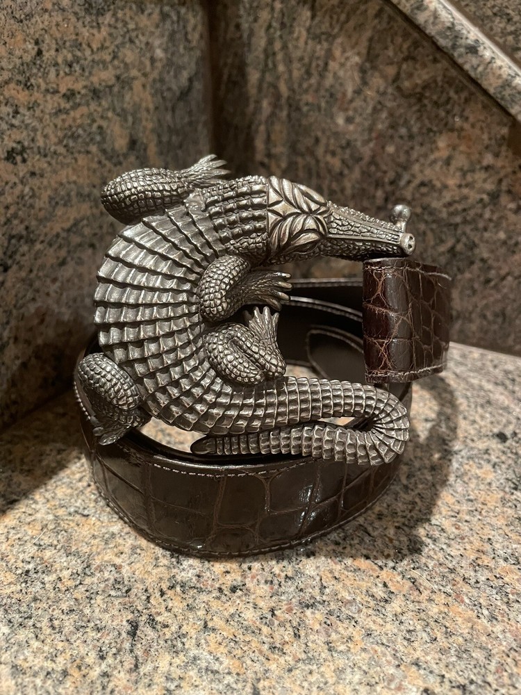 HUGE!! Kieselstein-Cord Sterling Alligator Buckle Brown Alligator Belt Size 2