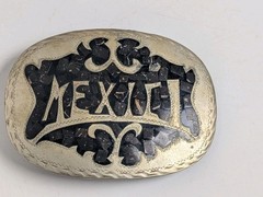 Vintage Mexico Alpaca Silver Mosaic Inlay Oval Belt Buckle Western Boho Unisex