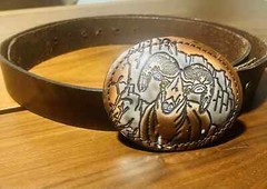 Torel Leather Ram Mountain Goat Belt Buckle Oblong w/ Leather Belt size 44