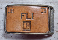 Vintage FLI Realtor JH Branded Leather and Brass Belt Buckle 3&Prime; by 2&Prime;