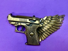 Winged Gun Flying Pistol Handgun Figural Cutout Brass Tone Large Belt Buckle