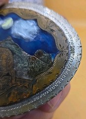 ALASKAN HOWLING WOLF MOONLIGHT BRASS & SILVER BELT BUCKLE BLUE PEARL RESIN INLAY