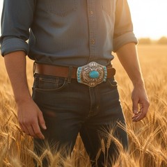 Men Silver Big Metal Buckle Aztec Western Mayan Style Turquoise Blue Beads Color
