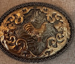 ALSA SILVER & Gold tone OVAL STANDING ROOSTER Belt Buckle