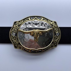 Bright Silver With Gold Longhorn Bull Rodeo Cowboy Cowgirl Belt Buckle Hebilla