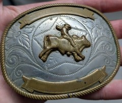 vintage RODEO buckle belt BULL RIDER cowboy GERMAN SILVER trophy WESTERN floral