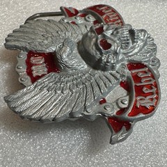 Winged Skull Eagle MC Rebel Rider Belt Buckle Silver Tone Red Enamel Reissue