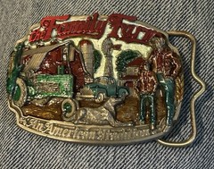 Vintage 1986 C&J Enamel Family Farm Scene Pewter Belt Buckle American Tradition