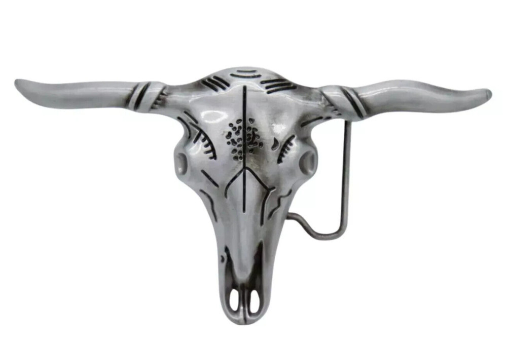 Silver Gray Bull LONGHORN Western Belt Buckle Cowboy Rodeo buckle All Metal