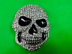 Creepy Skull Grinning Teeth Black Enamel Clear Rhinestone Covered Belt Buckle