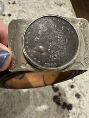 Vtg Nickel Silver 1883 Morgan Dollar Leather Belt And Buckle 395 Long G2U