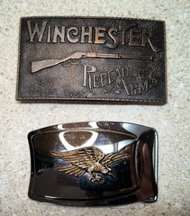 Set of 2- Vintage Brass Belt Buckles WINCHESTER REPEATING ARMS & EAGLE -Hunting