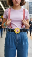 Unisex Belt Buckle Teen Women Fashion Yellow Flower Emoji Cartoon Kid 80&rsquo;s 70&rsquo;s