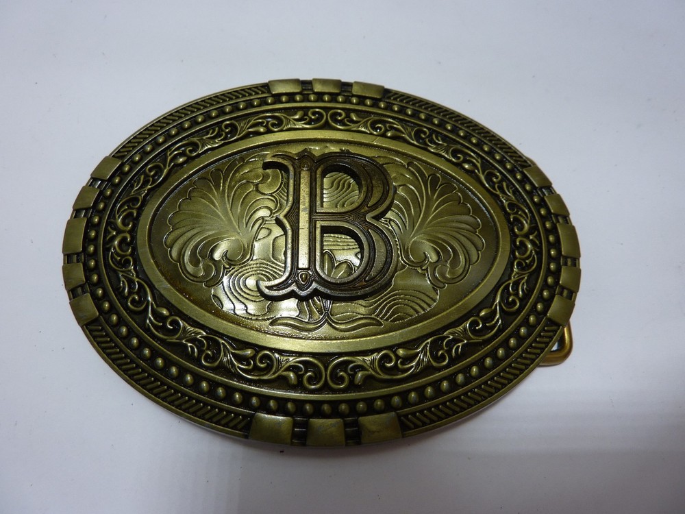 Initial B Letter Men Belt Buckle Metal Cowboy Rodeo Western Brass Tone