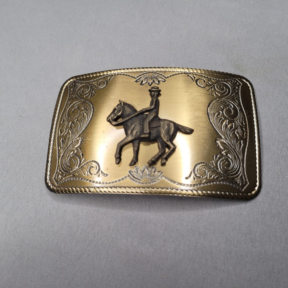 Horseback Rider Belt Buckle Mens One Size Gold Western Floral Cowboy Rectangular