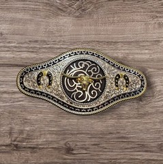 Cowboy/Charro Belt Buckle – Bull Head/Horse Shoe 6.5&Prime;x3.25&Prime; Silver/Black/Gold