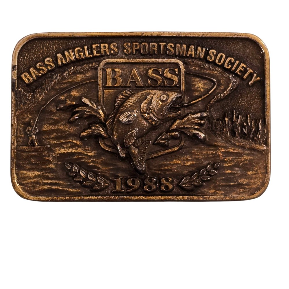 VTG 1988 Bass Anglers Sportsman Society Fishing Brass Belt Buckle, Made In USA