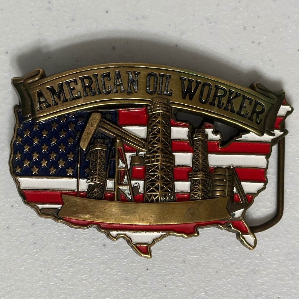 Baron American Oil Worker Belt Buckle Solid Brass Vintage &rsquo;81 Americana USA Flag
