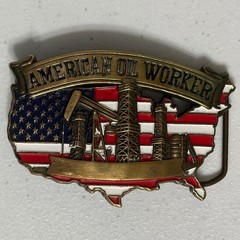 Baron American Oil Worker Belt Buckle Solid Brass Vintage &rsquo;81 Americana USA Flag
