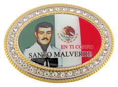 Jesus Malverde Belt Buckle Gold Metal New Men Women Flag Mexico Iced Style Bling