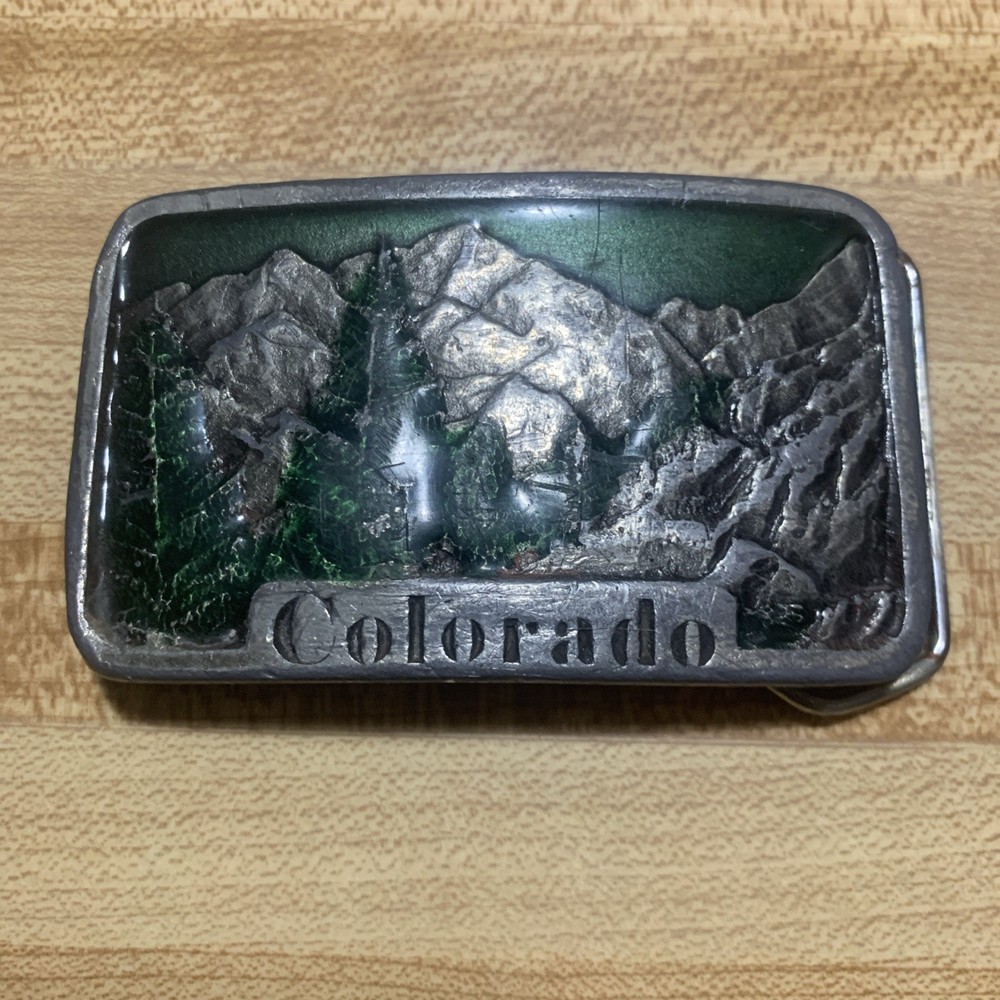 Vtg Colorado Belt Buckle Indiana Metal Craft Enameled Mountains Trees 1978 W96
