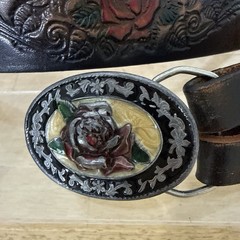 Vintage Siskiyou 1985 Pewter Belt Buckle Red Rose Enamel C-4000 Size M/L