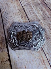 Pair Of Silver Metal Belt Buckles Eagle Seal Embossed Western Thunderbird Paint