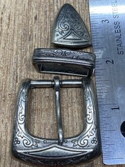 Silver tone Western Floral Scrolls Engraved Belt Buckle Three Piece Set Unisex
