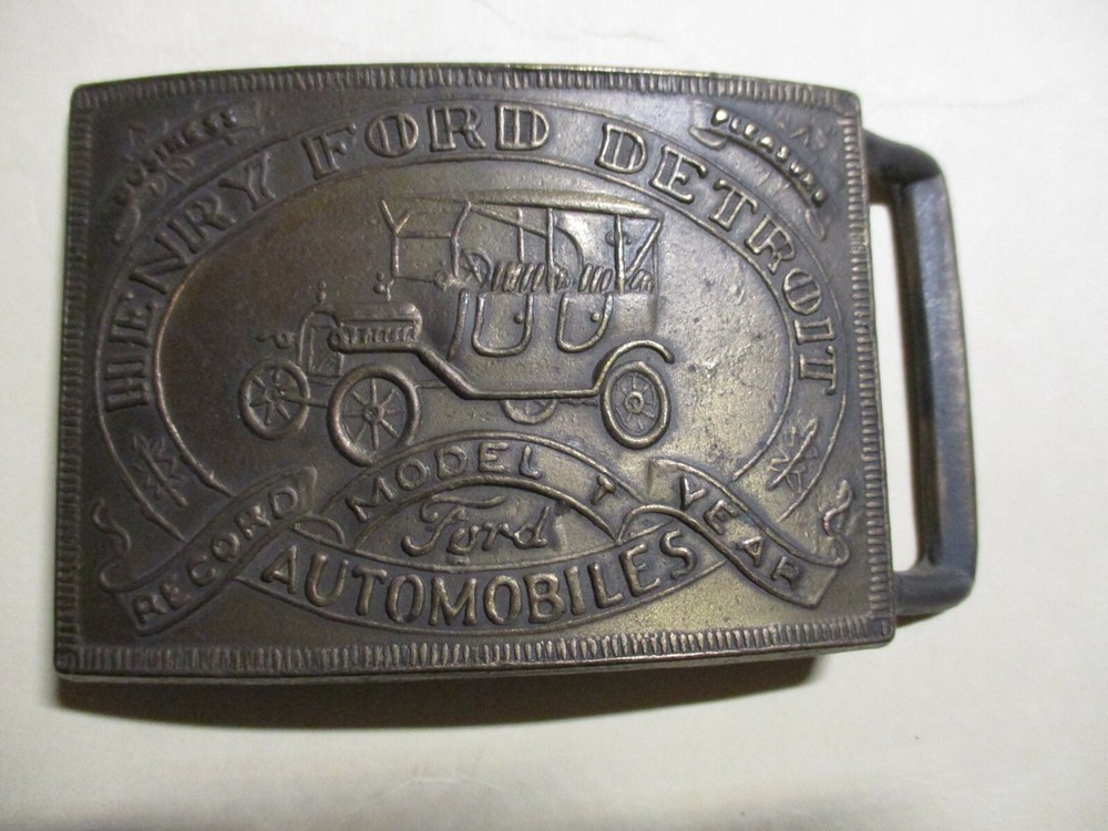 Vintage Solid Brass Belt Buckle- Henry Ford Detroit Model T Record Year EUC