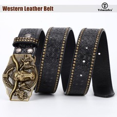 TRIWORKS Western Leather Belt for Men Cowboy Cowgirl Fit Size 34&Prime;-37&Prime;, Black