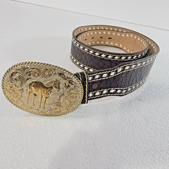 Vintage CRUMRINE Belt Buckle BRONZE Engraved HORSE Cowboy WESTERN Gold RODEO