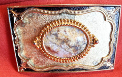 VTG Gold Toned Belt Buckle w Oval Jasper Stone fits 1 .5&Prime; Western Style Belt