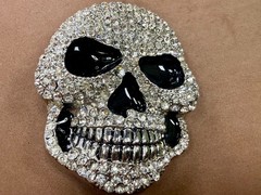 Creepy Skull Grinning Teeth Black Enamel Clear Rhinestone Covered Belt Buckle
