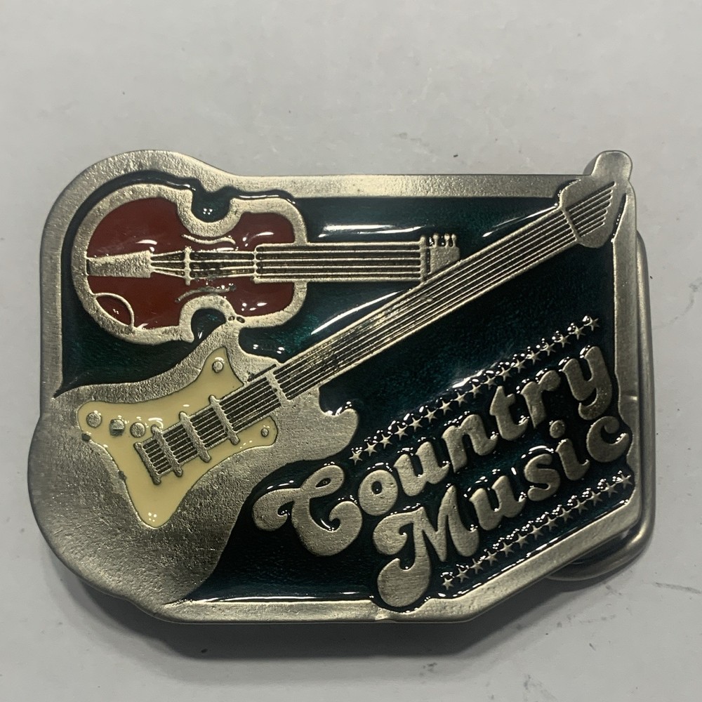 Country Music Guitar Western Metal Enamel Belt Buckle Silver Black Red White