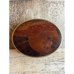 Vintage Wooden Inlay Belt Buckle Brass Trim Oval Shaped Signed Jerry Evans