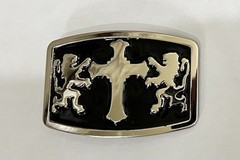 Mens Belt Buckle Black Silver With Double Lions and Cross 4×3” Vintage