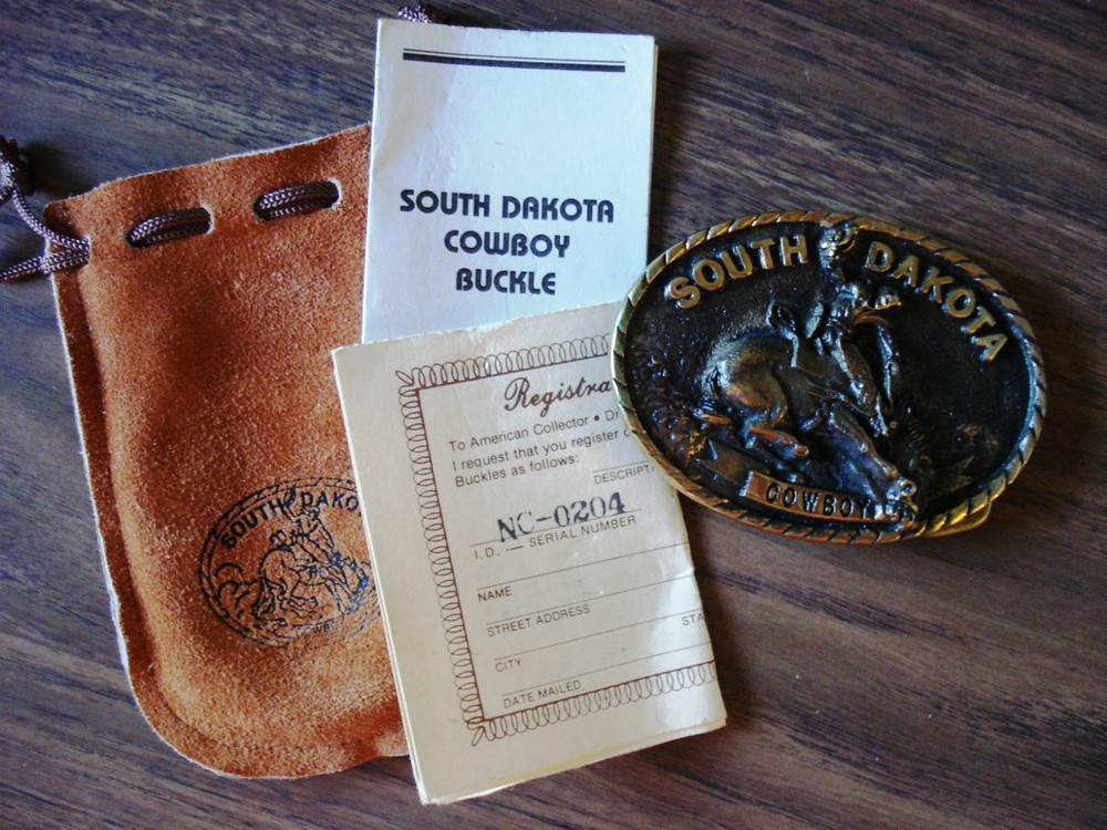 1981 VTG South Dakota Cowboy Solid Brass Registered Collection Belt Buckle