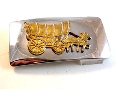 Vintage Silver & Gold Tone Pioneer Wagon Belt Buckle Made in U.S.A.